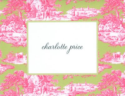 Magenta and Green Toile Foldover Note Personalized by Boatman Geller