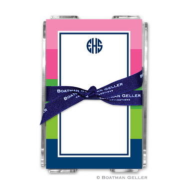 Bold Stripe Pink, Green & Navy Note Sheets in Acrylic Holder