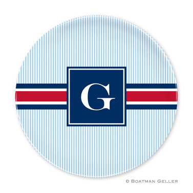 Seersucker Band Red & Navy Personalized Plate