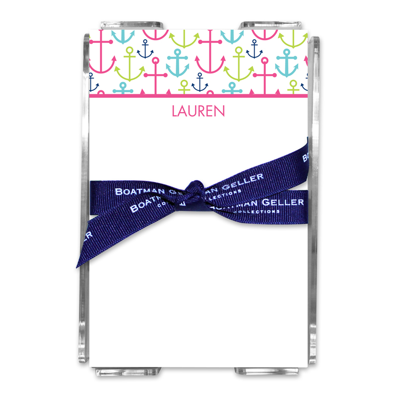 Personalized Happy Anchors Pink Note Sheets in Acrylic Holder