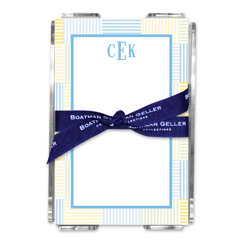 Personalized Seersucker Patch Light Blue Note Sheets in Acrylic Holder