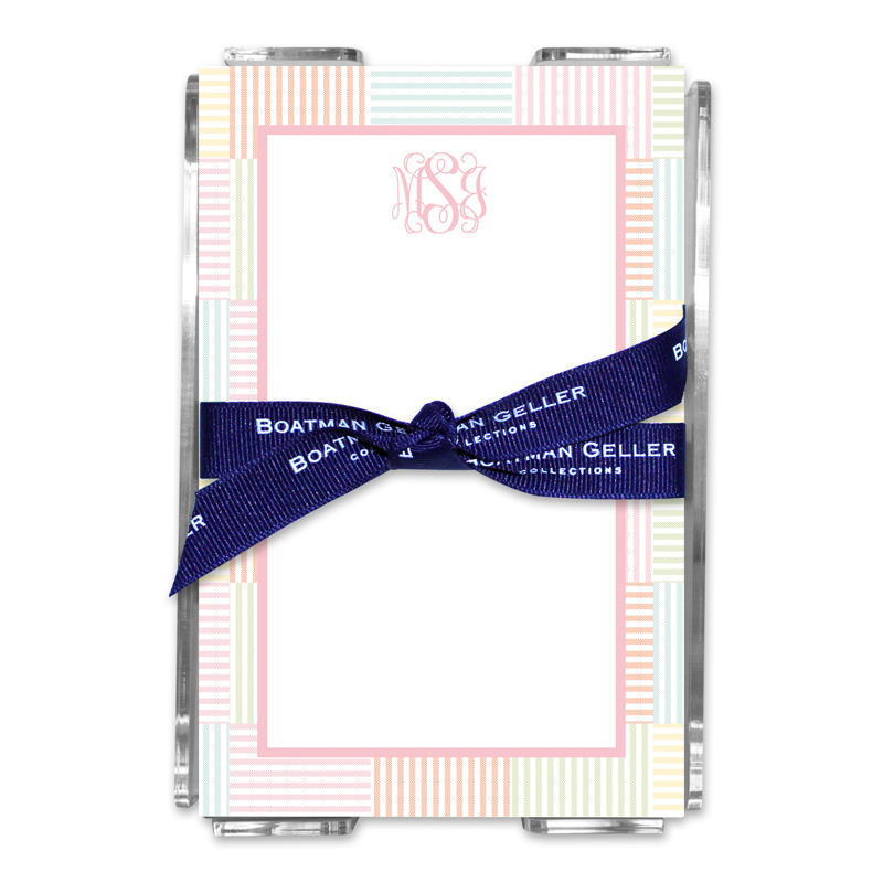 Personalized Seersucker Patch Light Pink Note Sheets in Acrylic Holder