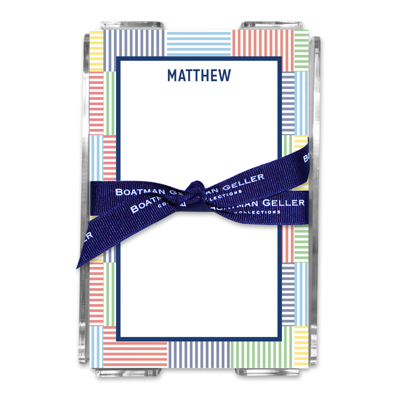 Personalized Seersucker Patch Blue Note Sheets in Acrylic Holder