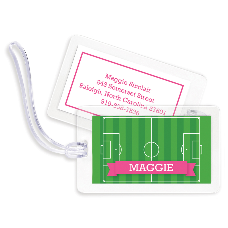 Soccer Field with Pink or Red Banner Bag Tags, Set of 4