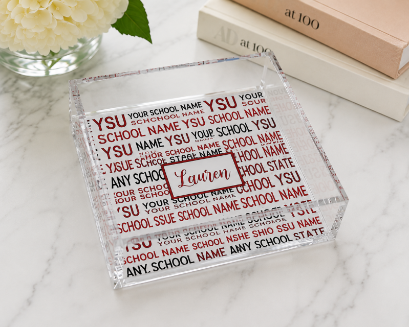 Personalized college lucite catch all tray with custom school name and student name