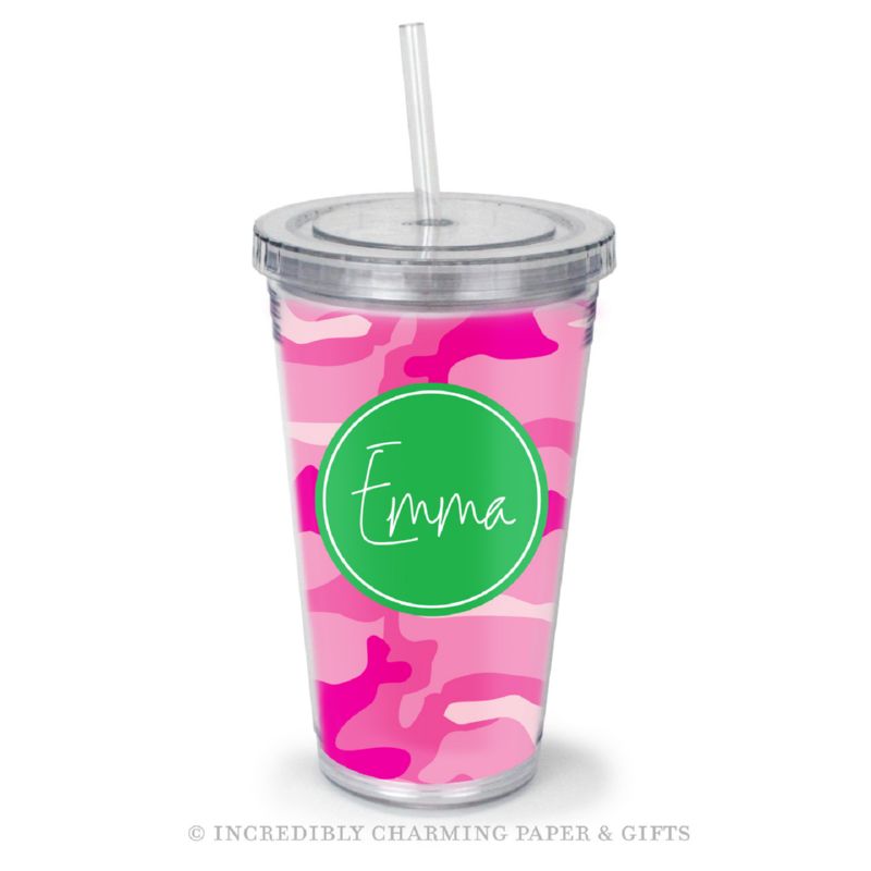 Beverage Tumbler with Straw, Personalized, Hunter Pink