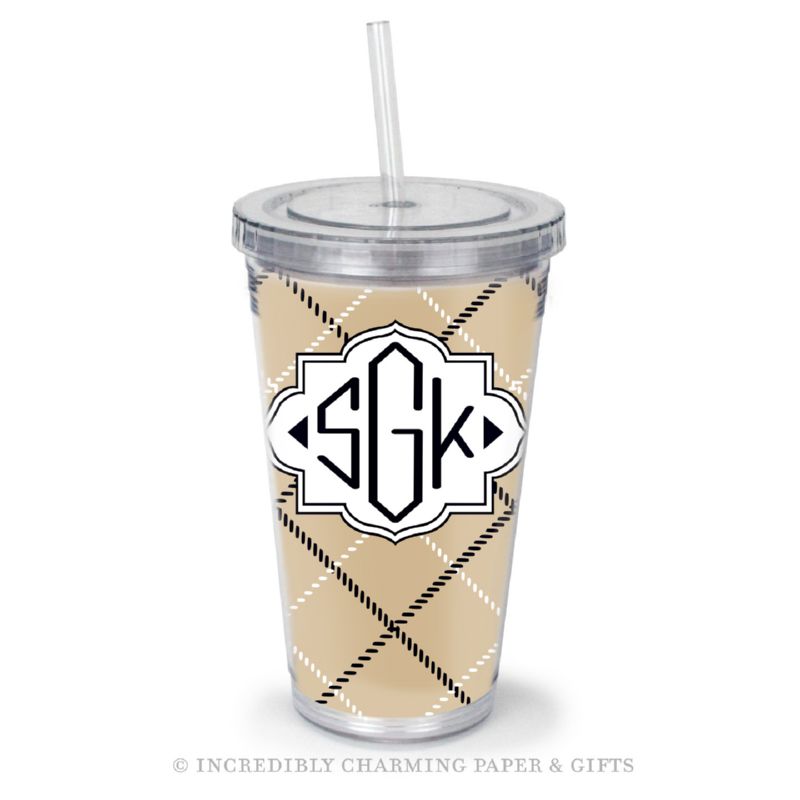 Beverage Tumbler with Straw, Personalized, Plaid Tan