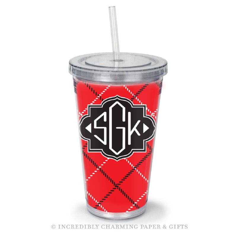 Beverage Tumbler with Straw, Personalized, Plaid Red