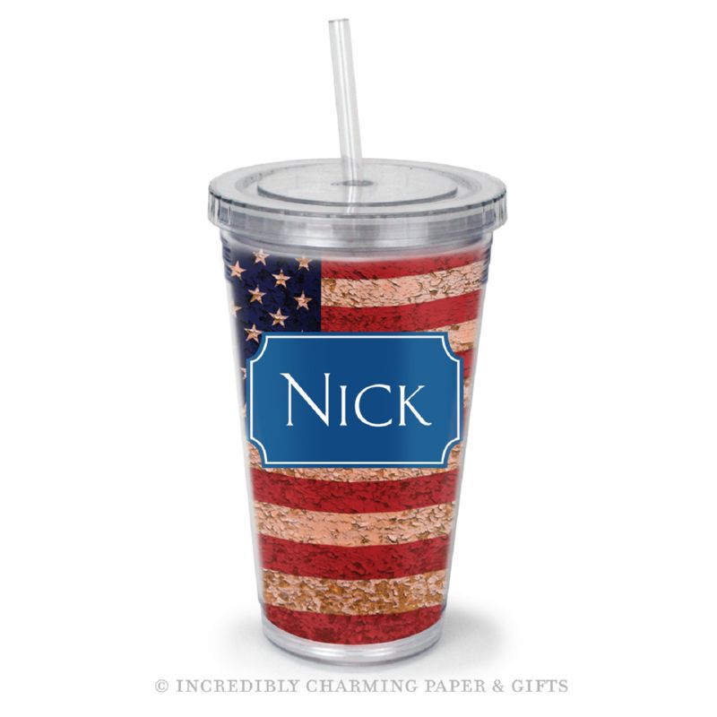 Beverage Tumbler with Straw, Personalized, USA Flag