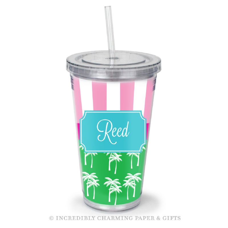 Beverage Tumbler with Straw, Personalized, Palm Mix
