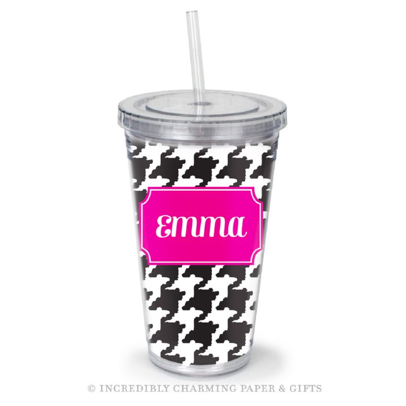 Beverage Tumbler with Straw, Personalized, Houndstooth Black