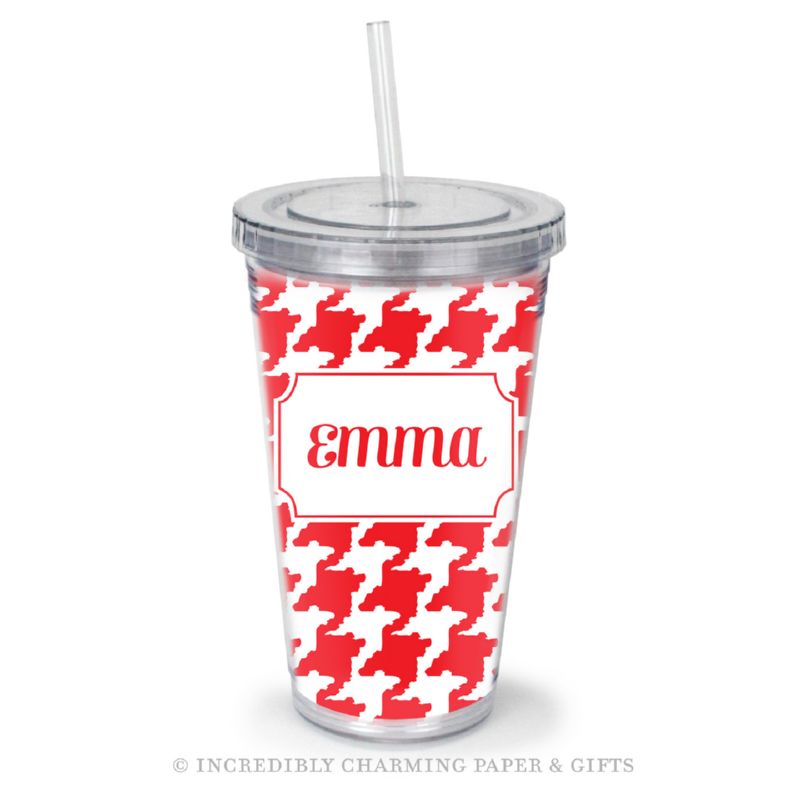 Beverage Tumbler with Straw, Personalized, Houndstooth Red