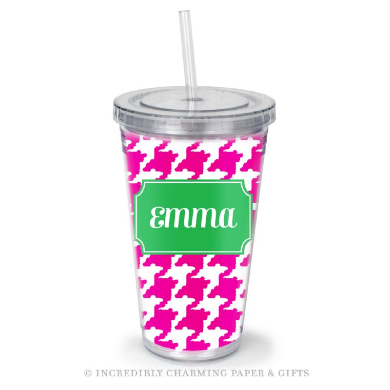 Beverage Tumbler with Straw, Personalized, Houndstooth Pink