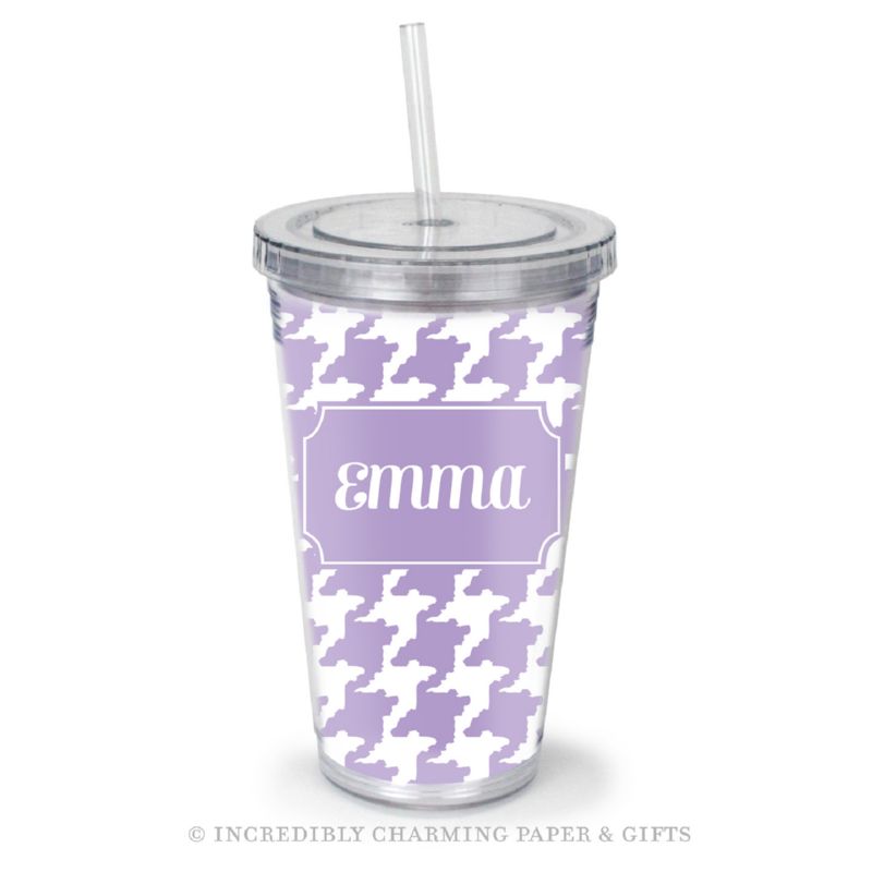 Beverage Tumbler with Straw, Personalized, Houndstooth Lilac