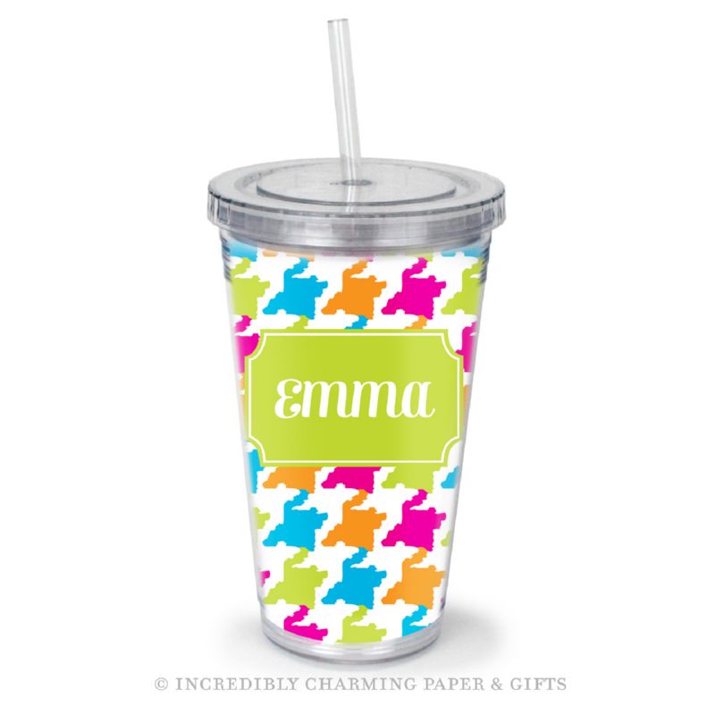 Beverage Tumbler with Straw, Personalized, Houndstooth Multi
