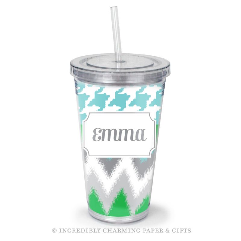 Beverage Tumbler with Straw, Personalized, Houndstooth Mix