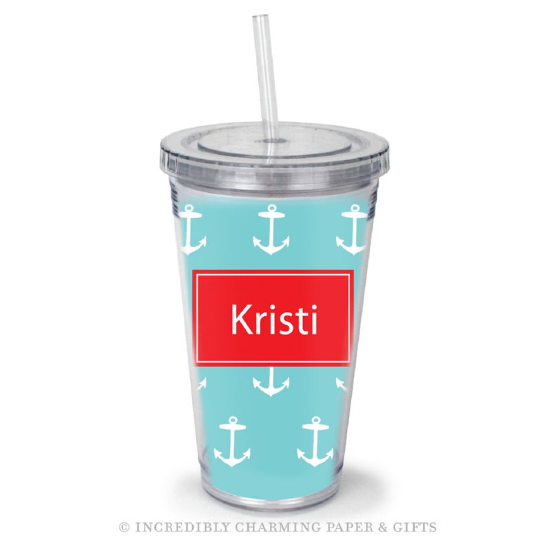 Beverage Tumbler with Straw, Personalized, Anchor Aqua