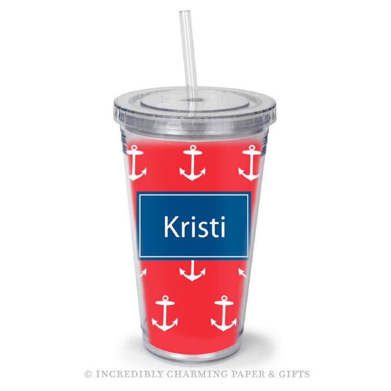 Beverage Tumbler with Straw, Personalized, Anchor Red