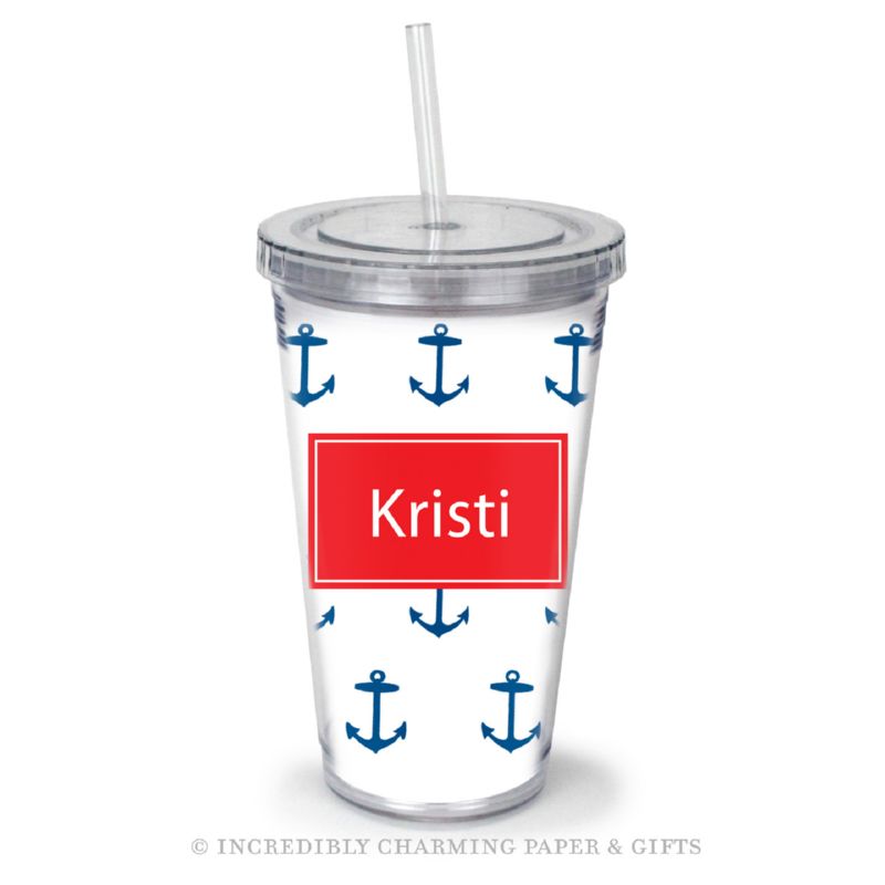 Beverage Tumbler with Straw, Personalized, Anchor White