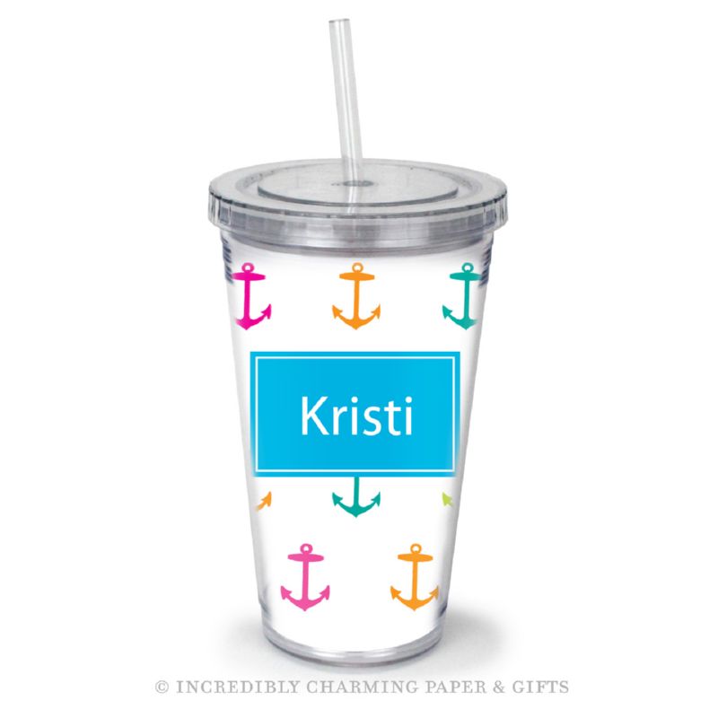 Beverage Tumbler with Straw, Personalized, Anchor Multi