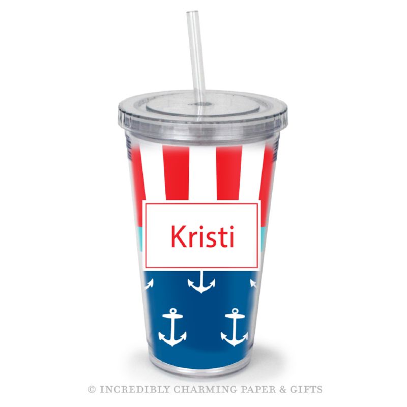 Beverage Tumbler with Straw, Personalized, Anchor Mix