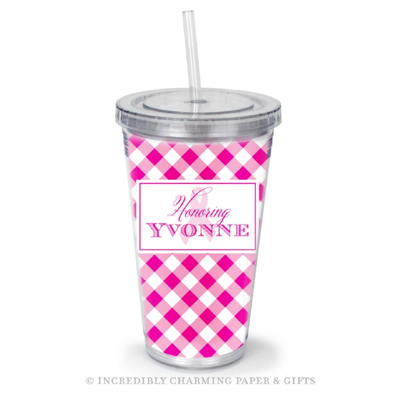 Beverage Tumbler with Straw, Personalized, BC Gingham