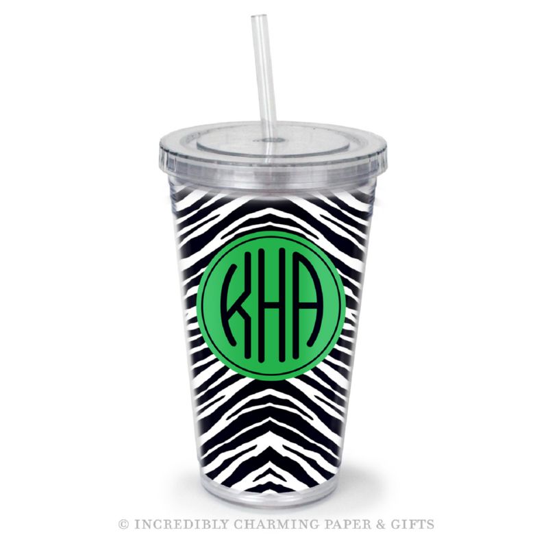 Beverage Tumbler with Straw, Personalized, Zebra Black