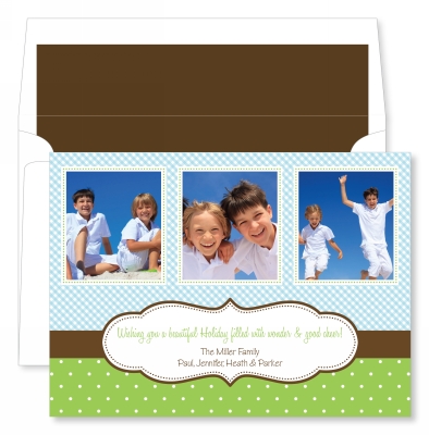Gingham Dots Blue & Green Horizontal Flat Photo Card by Noteworthy Collections