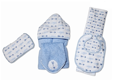 Personalized Blue Arrows Baby Gift Set with Bib, Burb Cloth, Hooded Towel, Washcloth and Hard Wipe Case