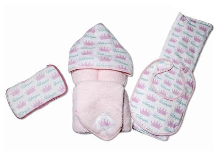 Personalized Pink Crowns Baby Gift Set with Bib, Burb Cloth, Hooded Towel, Washcloth and Hard Wipe Case