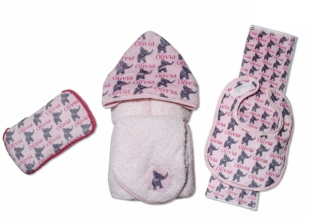 Personalized Pink Elephants Baby Gift Set with Bib, Burb Cloth, Hooded Towel, Washcloth and Hard Wipe Case