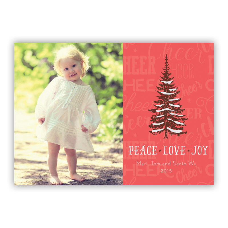 Cheer Tree Rosy, Peace, Love, Joy Photo Holiday Greeting Card