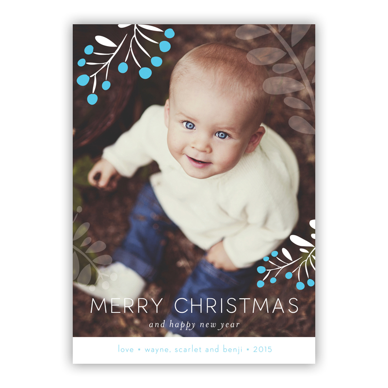 Merry Christmas and Happy New Year Berries Cyan Photo Holiday Greeting Card
