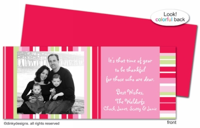 Peppermint pinstripes invitations, announcements or holiday greeting cards, personalized with digitally printed photos by Dinky Designs