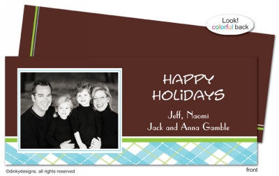 Chocolate argyle invitations, announcements or holiday greeting cards, personalized with digitally printed photos by Dinky Designs