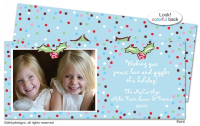 Polka dots holly invitations, announcements or holiday greeting cards, personalized with digitally printed photos by Dinky Designs