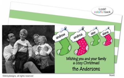 Stocking family Christmas invitations, announcements or holiday greeting cards, personalized with digitally printed photos by Dinky Designs