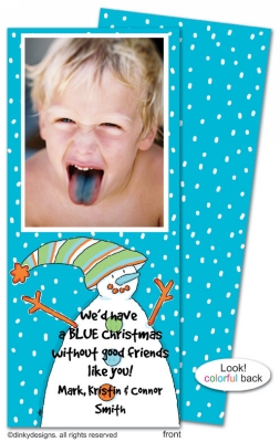 Blue man snowman invitations, announcements or holiday greeting cards, personalized with digitally printed photos by Dinky Designs