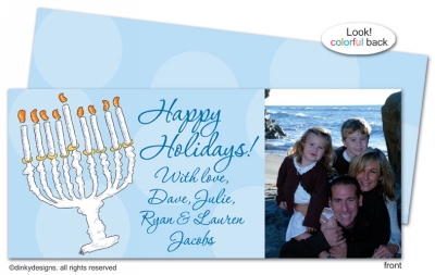 Menorah invitations, announcements or holiday greeting cards, personalized with digitally printed photos by Dinky Designs