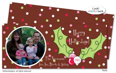 Pink berry holly invitations, announcements or holiday greeting cards, personalized with digitally printed photos by Dinky Designs