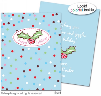Polka dots holly folded holiday greeting cards or notes, personalized by Dinky Designs