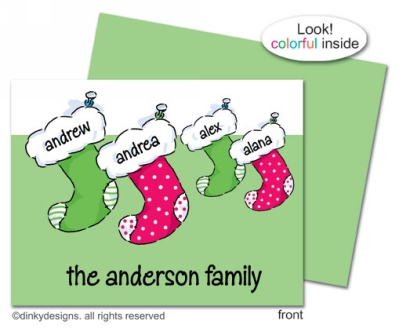 Stocking family Christmas holiday folded holiday greeting cards or notes, personalized by Dinky Designs