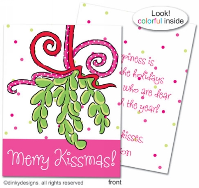 Mistletoe Christmas kisses folded holiday greeting cards or notes, personalized by Dinky Designs