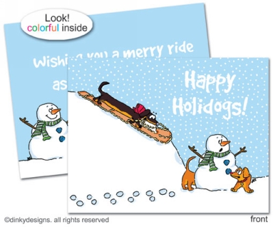 Dog sled snowman folded holiday greeting cards or notes, personalized by Dinky Designs