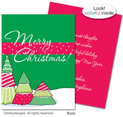 Christmas tree row folded holiday greeting cards or notes, personalized by Dinky Designs
