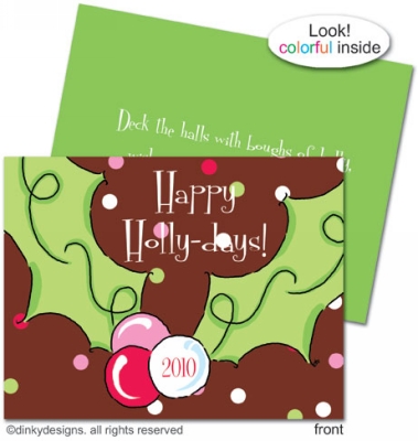 Pink berry holly folded holiday greeting cards or notes, personalized by Dinky Designs