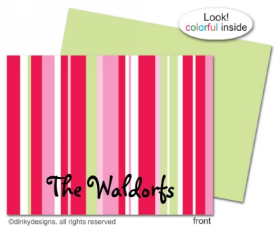 Peppermint pinstripes folded holiday greeting cards or notes, personalized by Dinky Designs
