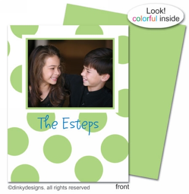 Lime holiday dots folded holiday greeting cards or notes, personalized with digitally printed photos by Dinky Designs