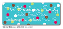 Blue cranberry polka dots return address labels, personalized by Dinky Designs