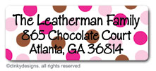 Chocolate and pink dots return address labels, personalized by Dinky Designs